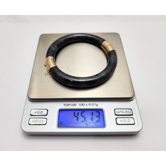 14K Solid Yellow Gold Textured Black & Grey Jade Jadeite Bangle Bracelet 7" L - Picture 13 of 13